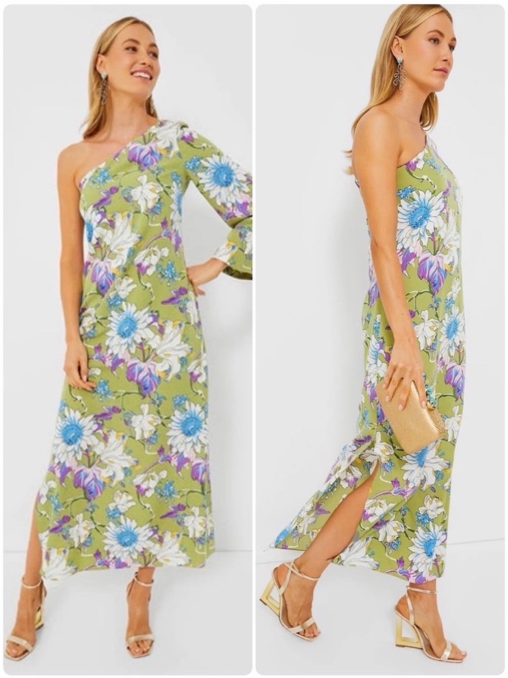 One-Shoulder Floral Maxi Dress in Olive Green by Hyacinth House